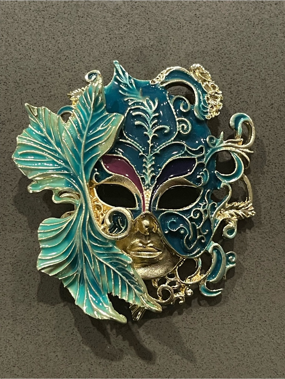 Venetian Mask Brooch Teal Enamel Gold Tone Statement Pin Pendant